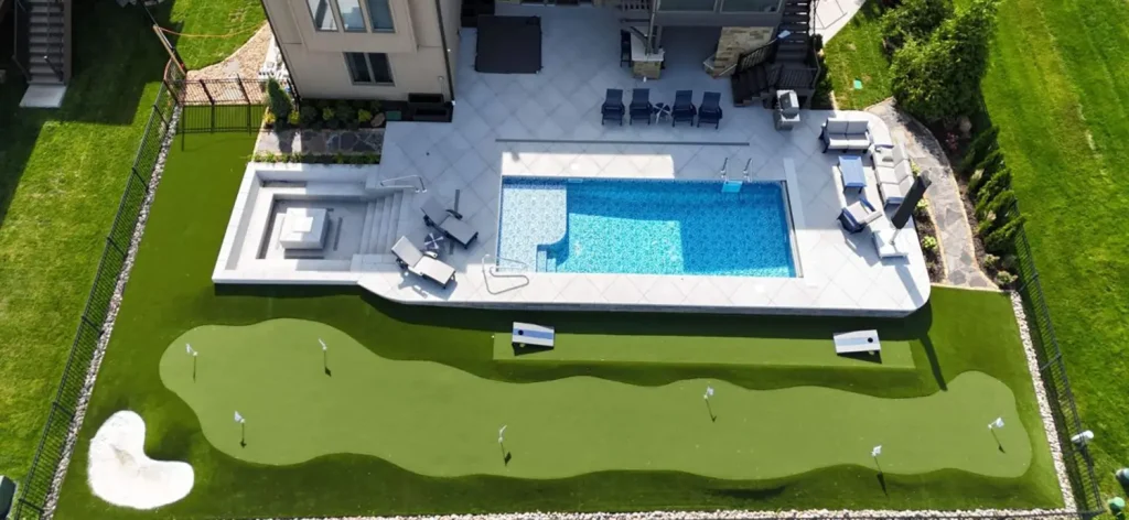Backyard artificial grass drone shot installed by SYNLawn
