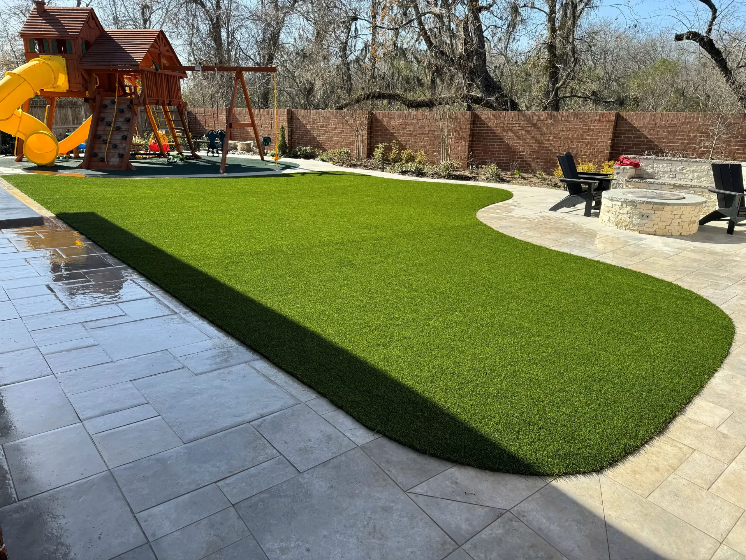 residential backyard artificial grass lawn